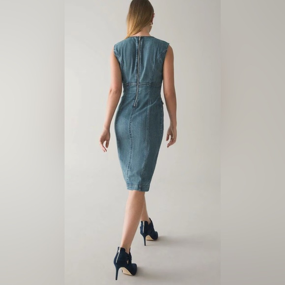 White House Black Market Size 6 Denim Sheath Chain Detail Midi Dress - Picture 2 of 8